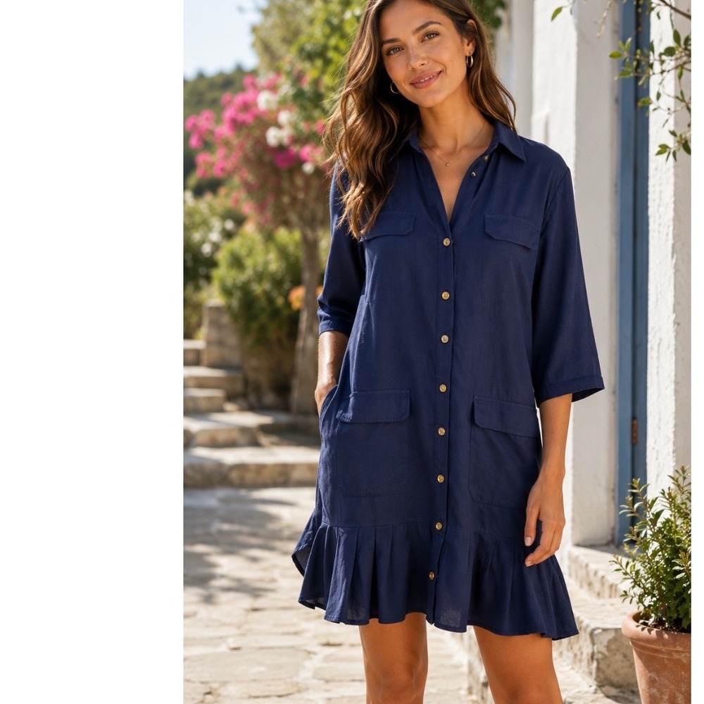 NWT SPEED Limit MPH shirt dress Navy Blue Button Down Ruffle Hem